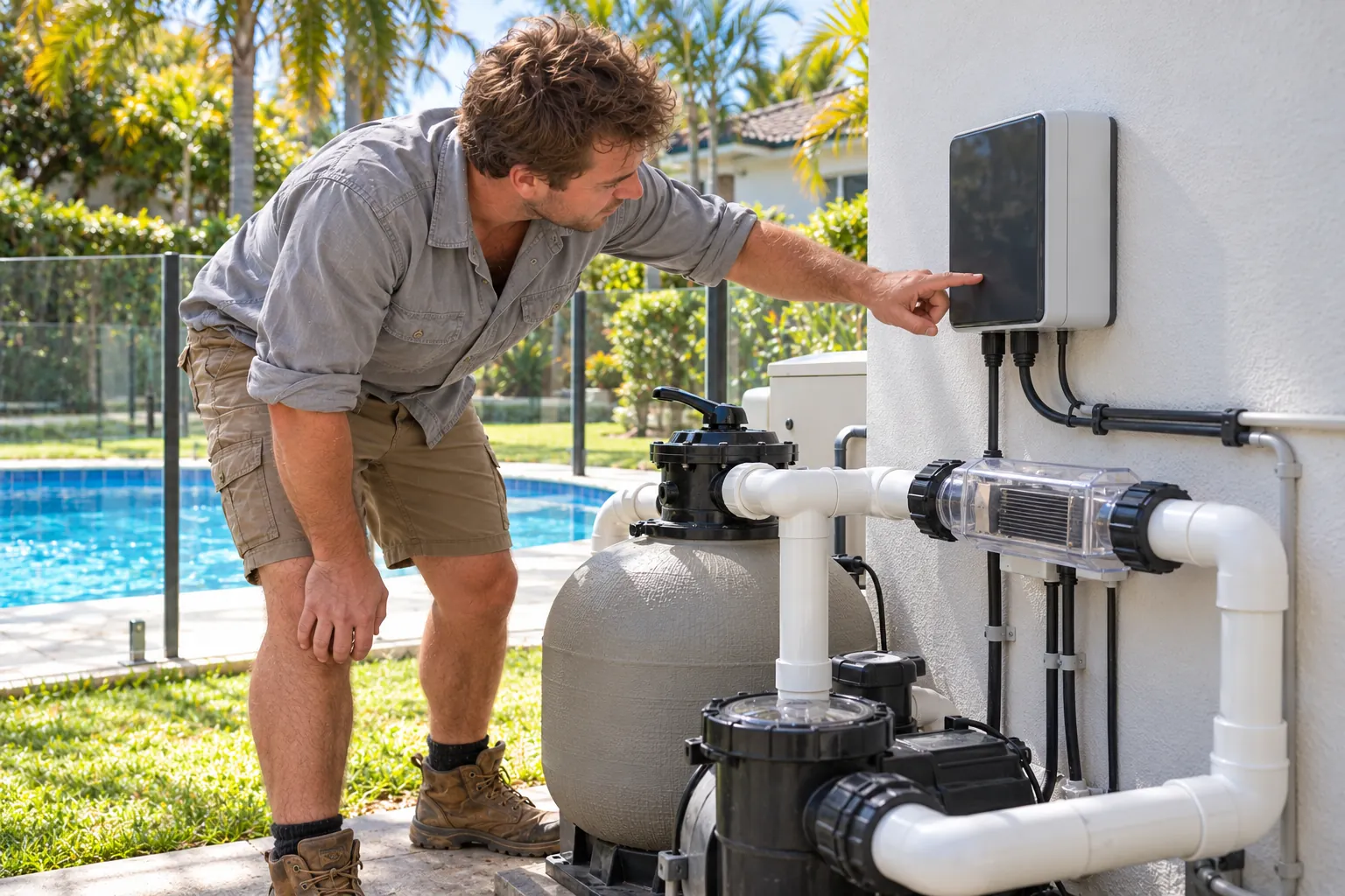 Tradesperson inspecting a closed salt chlorinator controller beside its inline cell and pool filter