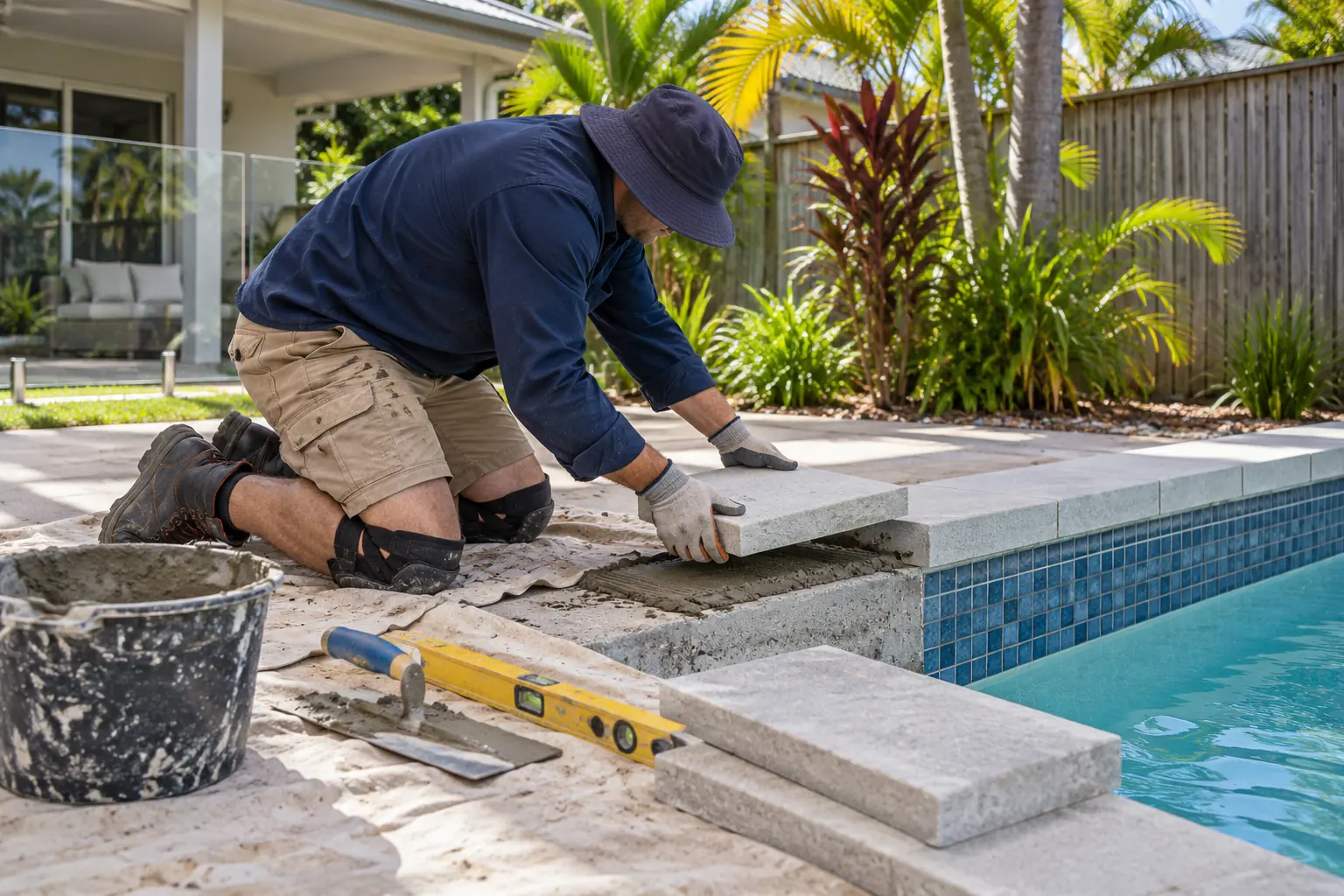 Tradesperson installing a replacement coping slab along a prepared pool edge