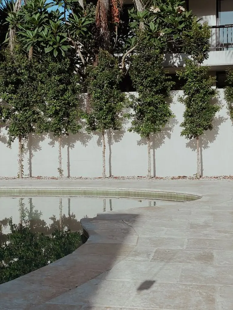 Curved stone pool edge and waterline beside the surrounding paving