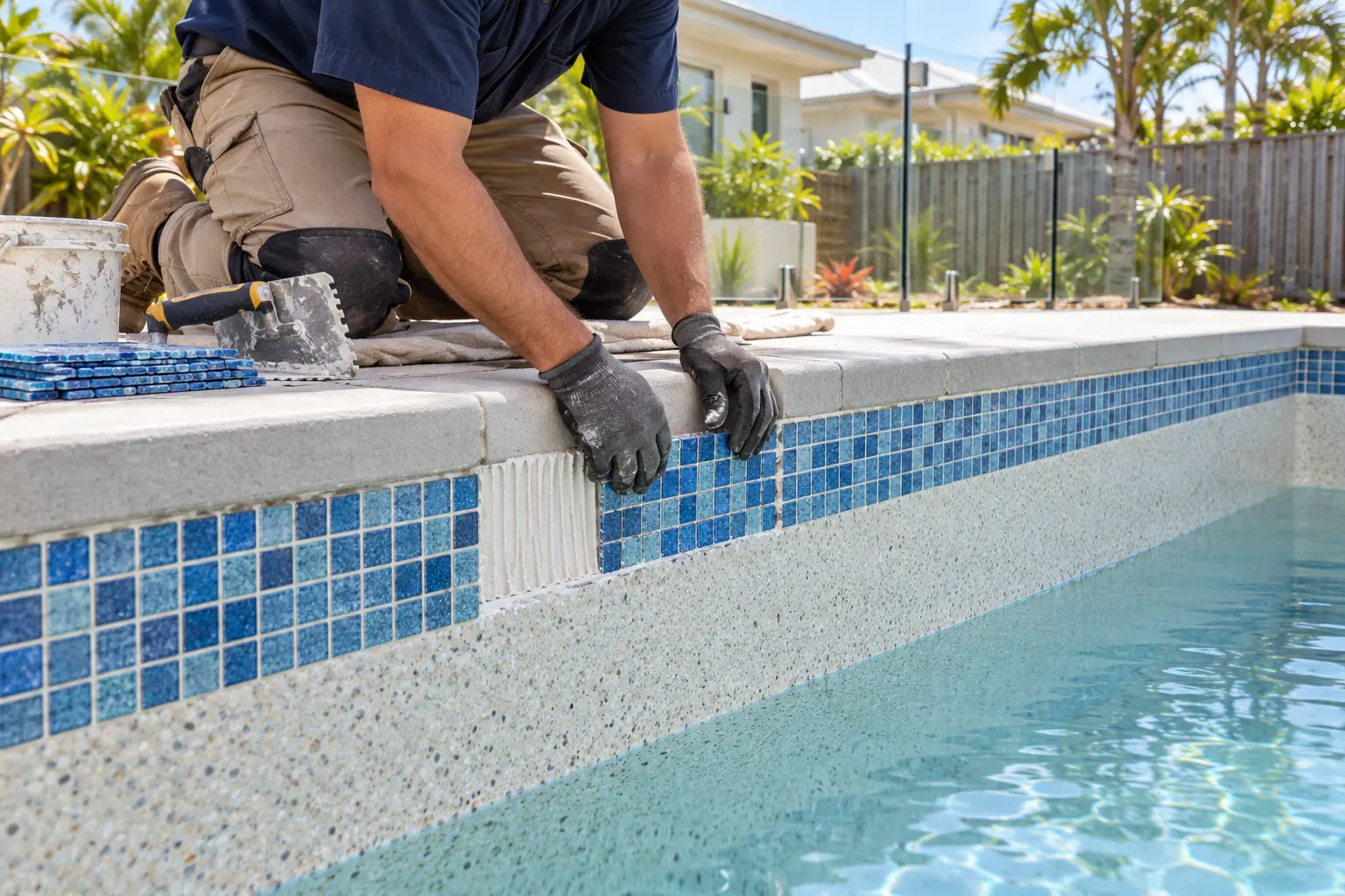 Tradesperson repairing a section of blue waterline mosaics above the lowered pool water